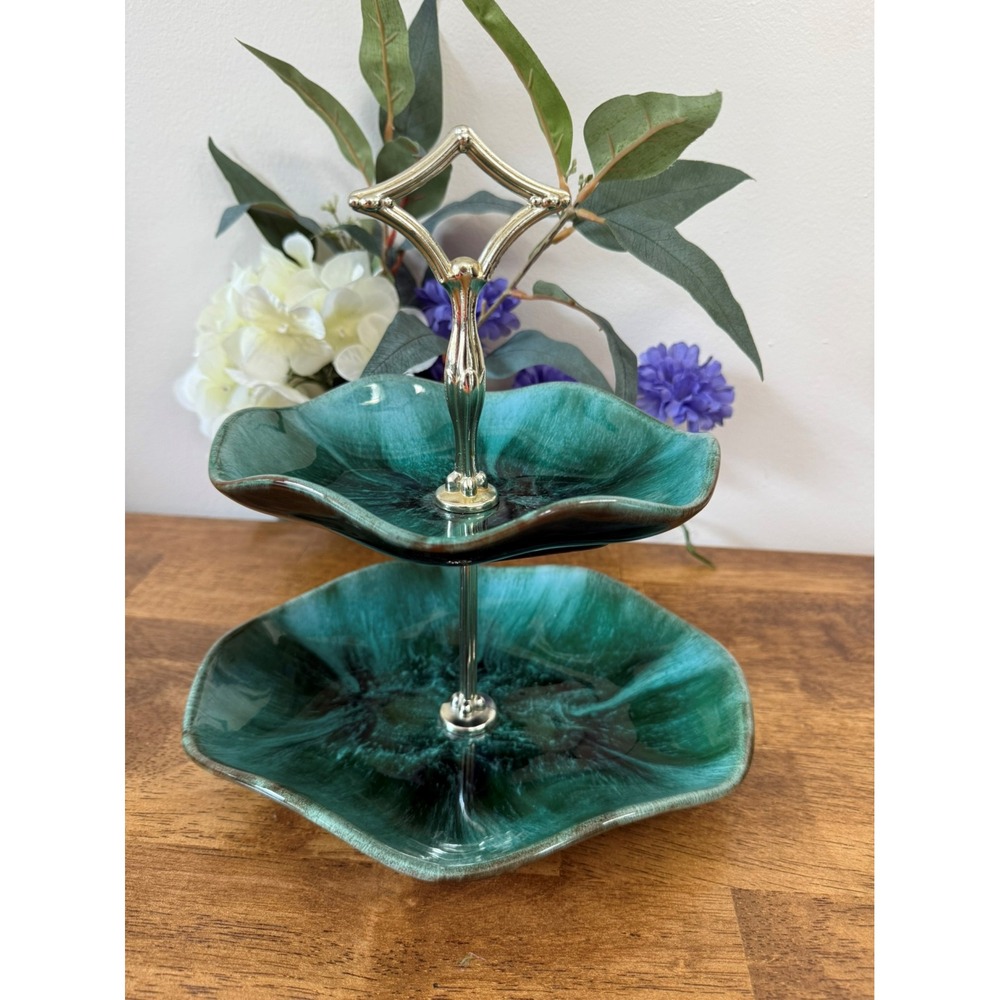 Vintage Blue Mountain Pottery Two-Tiered Serving Tray Green Drip Glaze Retro